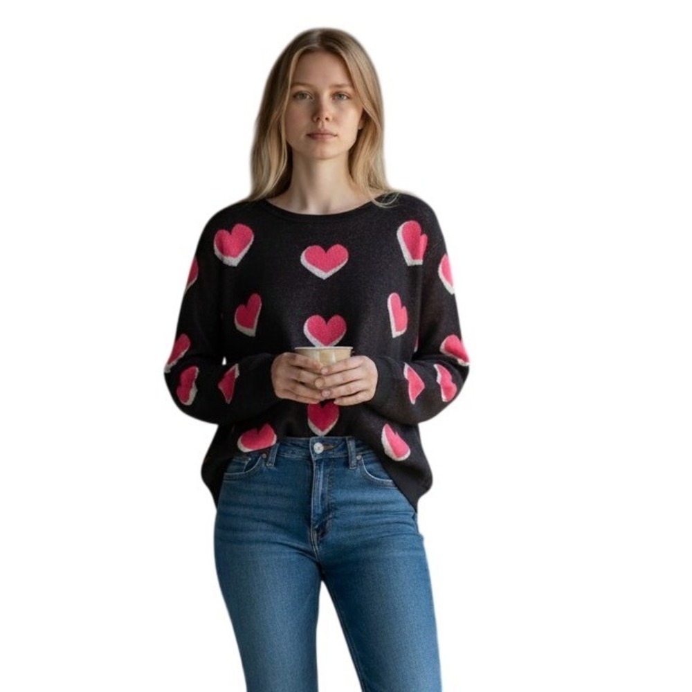 Jones New York Women Black Pink Heart Intarsia Knit Sweater XL 10924733-5JW